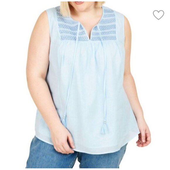 Daniel Rainn Blouse Top XXL Light‎ Blue Smocked Bodice Lined Keyhole Neck Linen - Picture 1 of 11
